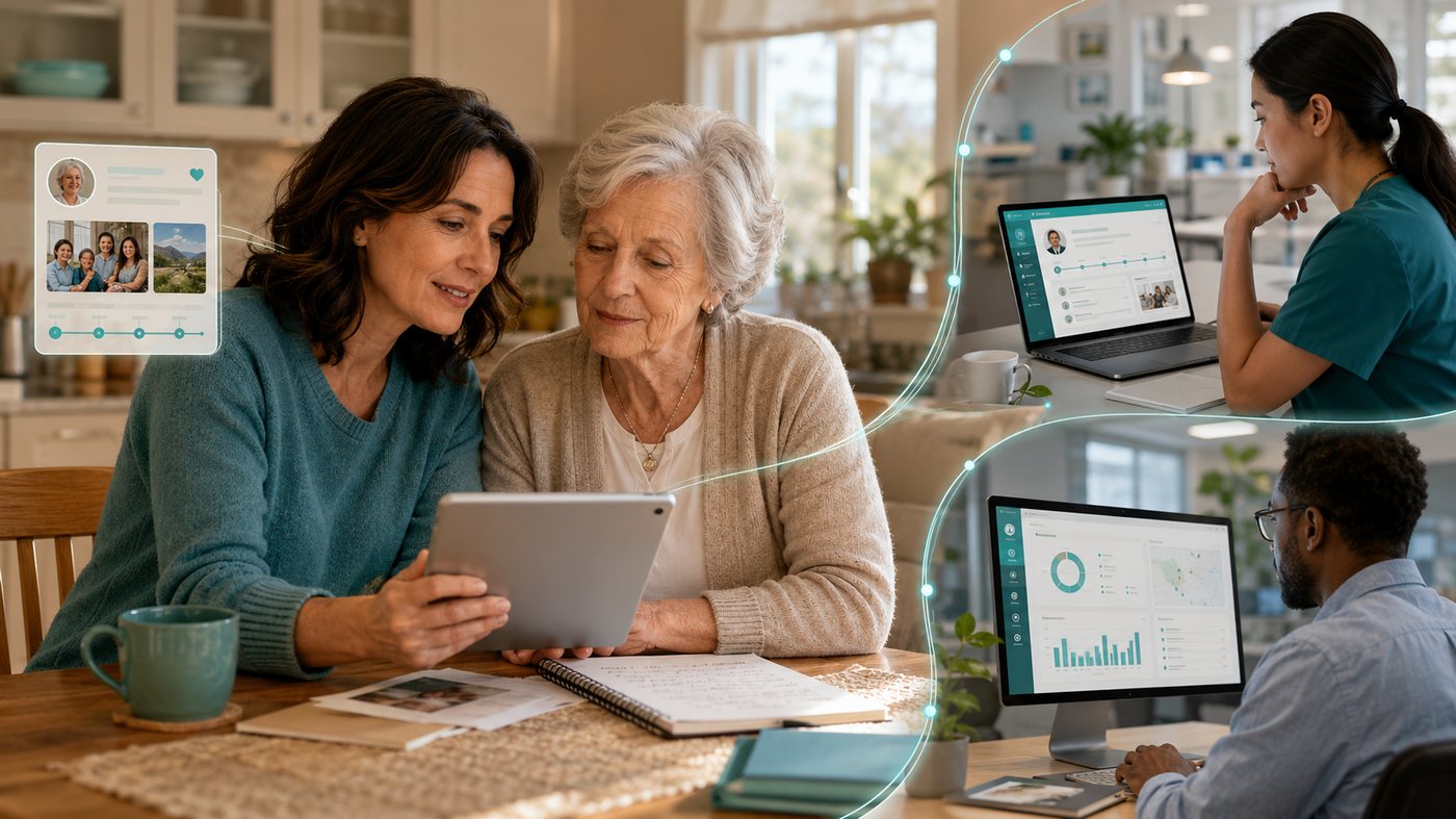 A caregiver and her mother reviewing their Memory Lane plan on a tablet at home, connected to their nurse and care team